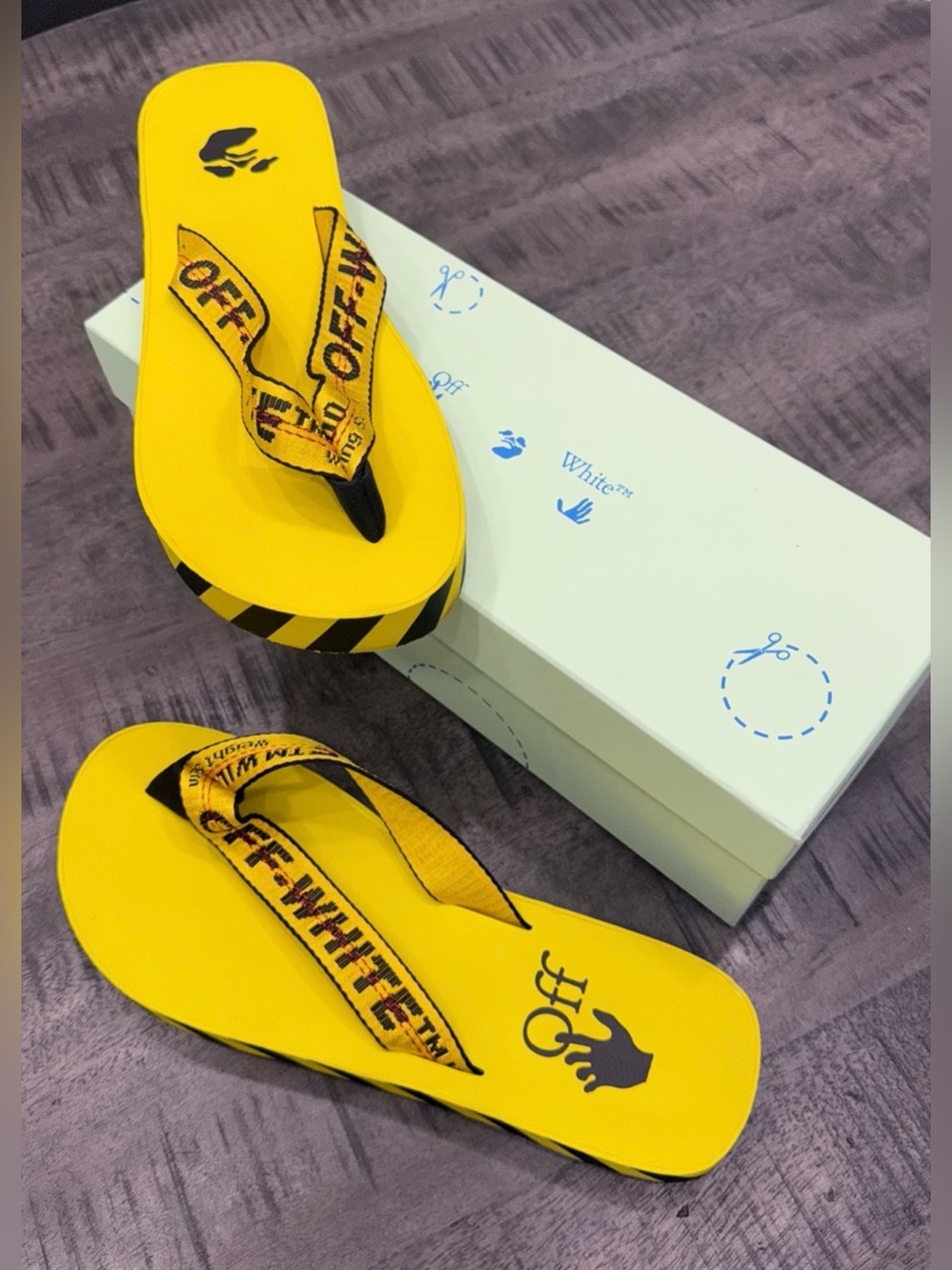 Off-White Yellow Logo Webbing Flip Flops
